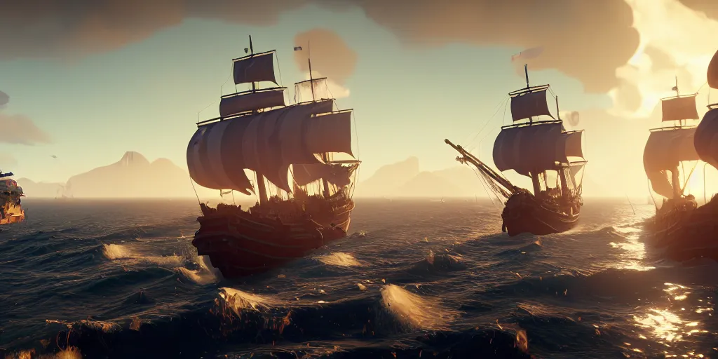 Prompt: grand maritime union in sea of thieves, sea of thieves screenshot, unreal engine, digital art, storm