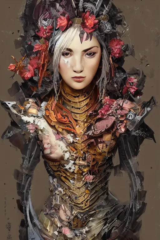 Image similar to portrait of beautiful young mainem, warhammer, japaneese style, cyberpunk armor, a lot of more scars, more and more flowers, orange head, the middle ages, highly detailed, artstation, illustration, art by max ernst, 8 k quality