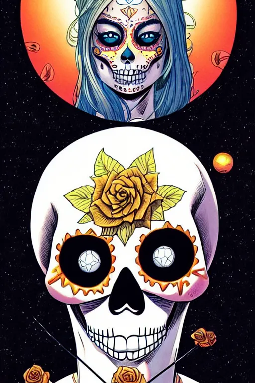 Prompt: comic cover art of a ( very very disturbing ) ( very very huge ) ( chrome sugar skull! ) floating in the sky above a metropolitan city, viewed from the ground, by jenny frison and sana takeda, intricate details, stunning inking lines, flat colors, 4 k, hd, artstation