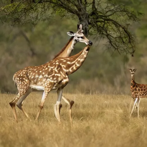 Prompt: photo of a deer shouting aggressively at a giraffe, giraffe doesn't care, award-winning photograph, national geographic, 8k