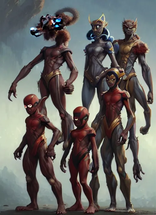 Image similar to of group of anthropomorphic ape kids in super hero costumes lined up ready for battle against death, perfect face anatomy, intricate, elegant, highly detailed, artstation, art by artgerm, art by greg rutkowski, anime, stylish, mucha, cyberpunk, concept art, smooth, sharp focus, wlop