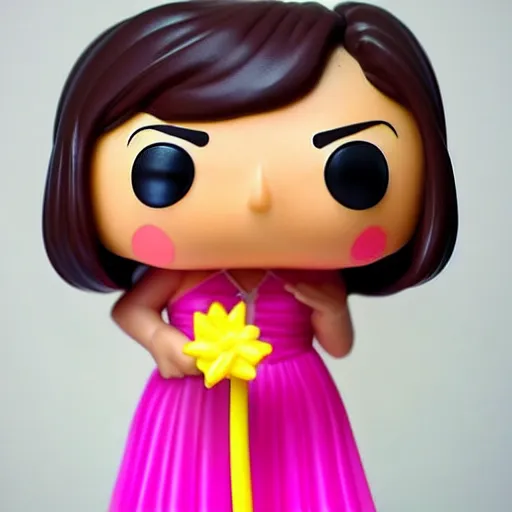 Image similar to funko pop of Philippine vice-president Leni Robredo, wearing a pink dress, holding a glowing pink flower, fantasy, funko pop, product photography”