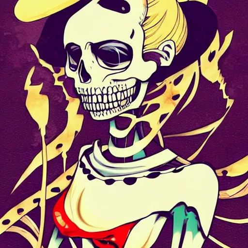 Prompt: anime manga skull portrait young woman skeleton, cuphead, painterly, logo, graffiti, elegant, highly detailed, digital art, art by jc leyendecker and sachin teng