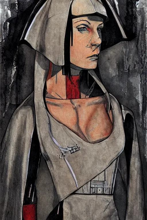 Image similar to portrait fashion model cyborg nun artwork by enki bilal