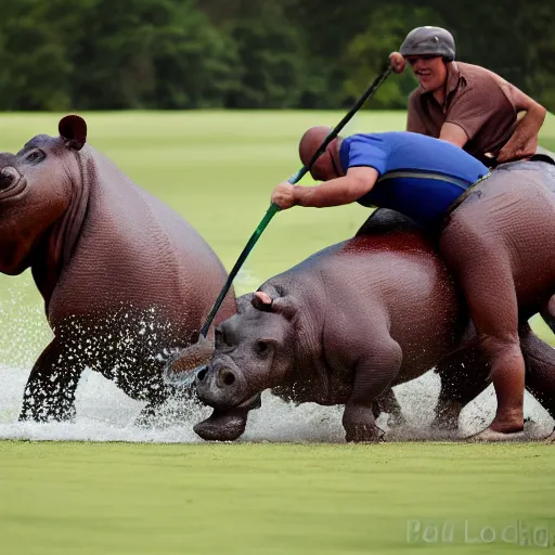 Image similar to polo played with humans and hippopotamuses. sports photograph.