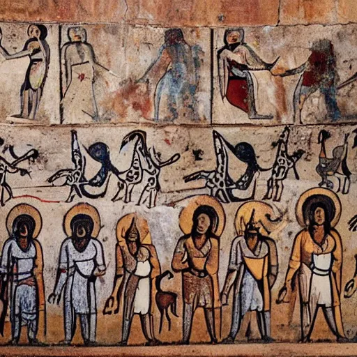 Prompt: ancient Ethiopian church wall painting depictions of Hell, Satan and other infernal beasts