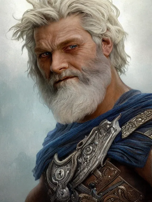 Image similar to painted portrait of rugged odin, god of wisdom, norse god, white hair, masculine, mature, handsome, upper body, blue and silver, muscular, hairy torso, fantasy, intricate, muscular, elegant, highly detailed, digital painting, artstation, concept art, smooth, sharp focus, illustration, art by gaston bussiere and alphonse mucha