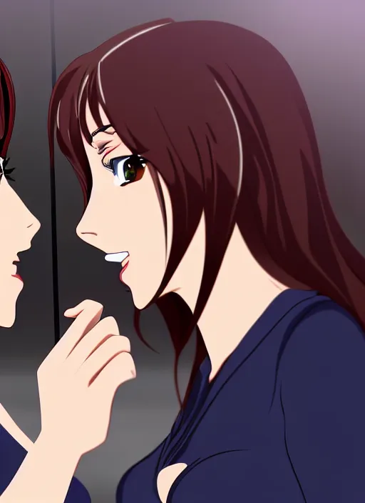 Image similar to two beautiful mothers face to face taunting each other, at the office, office clothes, gorgeous faces, smooth, cinematic lighting, detailed anime art