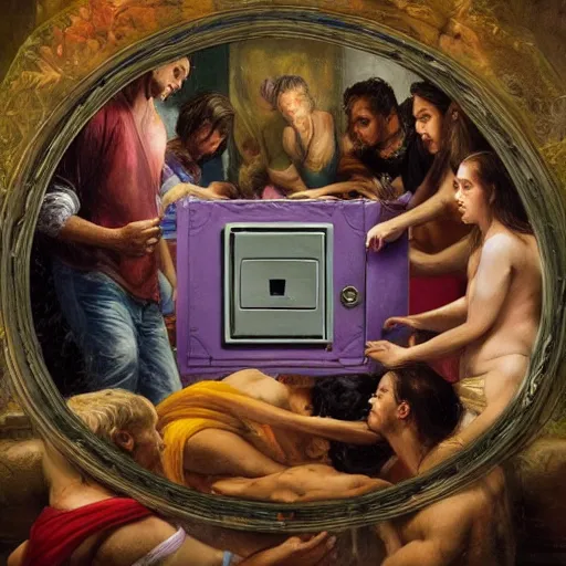 Image similar to diverse groups of humans opening a safe, from behind, rebirth, beauty, wide angle, elaborate, wet, highly detailed, colors, beautiful lighting