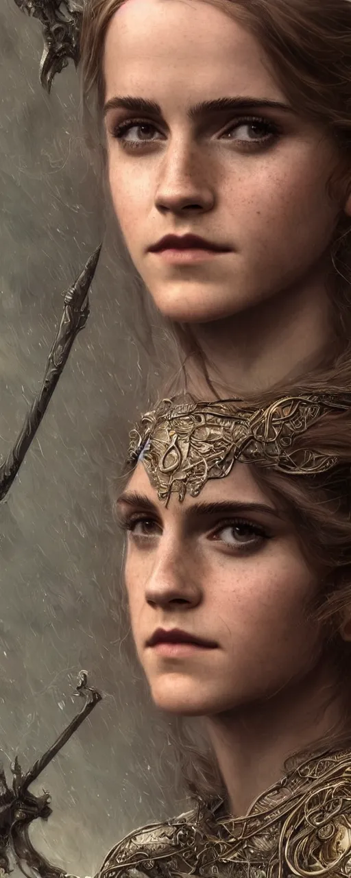 Image similar to photo photorealistic portrait closeup photograph of Emma Watson as Joan of Arc, long, hair, intricate, elegant, highly detailed, digital painting, artstation, concept art, sharp focus, illustration, art by and greg rutkowski and aleksi briclot and bouguereau detailed photograph intricate insanely detailed octane render, 8k artistic photography, photorealistic, Edward Steichen, Peter Lindbergh, Albert Watson