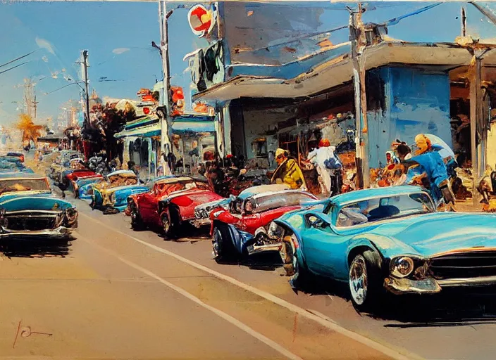 Image similar to 5 hotrods driving down a street , vintage, highly detailed, by John Berkey