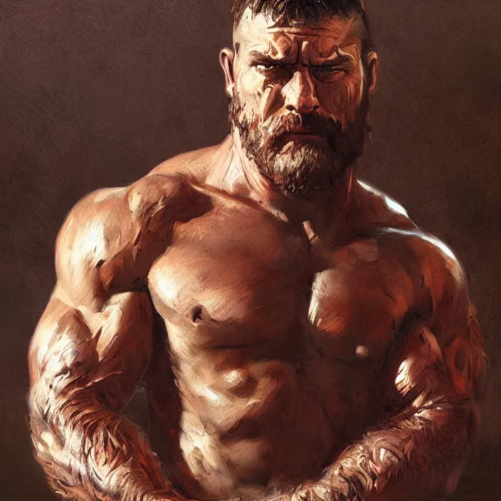 Image similar to portrait of a young sad rugged barbarian, muscular , manowar, upper body, hairy torso, D&D, fantasy, intricate, cinematic lighting, highly detailed, digital painting, artstation, concept art, smooth, sharp focus, illustration by Frank Frazetta, art by Francis Bacon and Greg Rutkowski and Alphonse Mucha