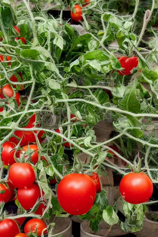 Image similar to a potted tomato plant with an ethernet connection, its leaves and tomatoes form a web developer interface for html 5 iot web 2. 0, high resolution megapixel photograph