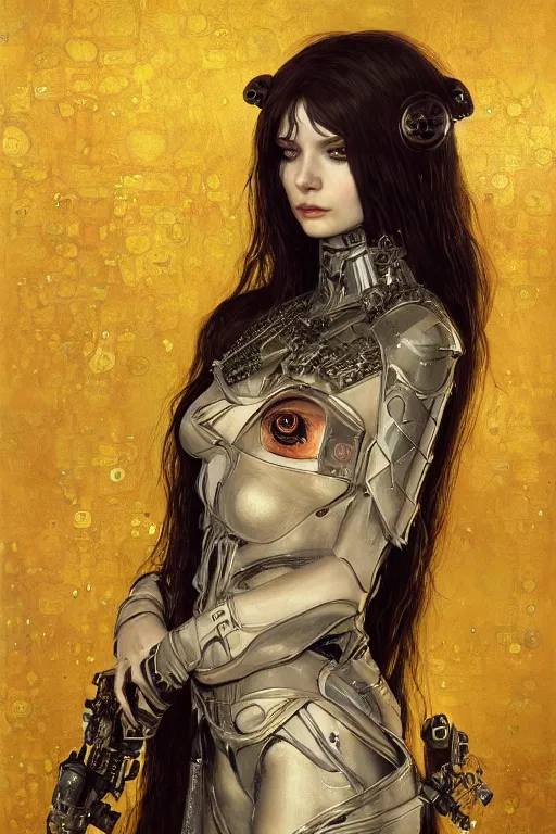 Image similar to portrait of beautiful young gothic maiden, cyberpunk, Warhammer, highly detailed, artstation, illustration, art by Gustav Klimt