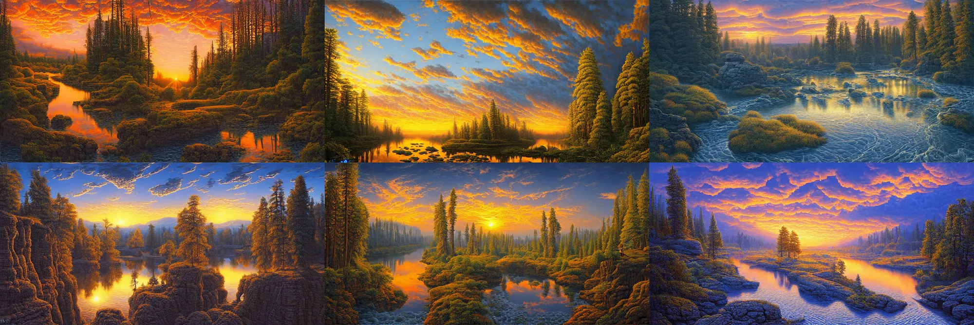 Prompt: stunning landscape of unique cloudy sunset, sandstone canyon, taiga river, intricate details, digital art by rob gonsalves, oil on canvas by ivan shishkin
