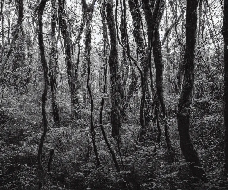 Prompt: a lush dense forest, glowing vines, black and white wildlife, moon shining, soft tones, highly detailed, 50mm