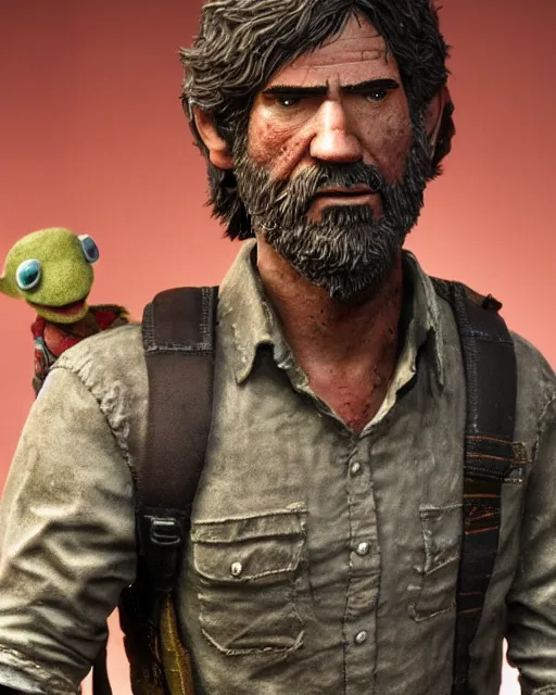 Prompt: joel from the last of us as a muppet. highly detailed felt. hyper real photo. 4 k.