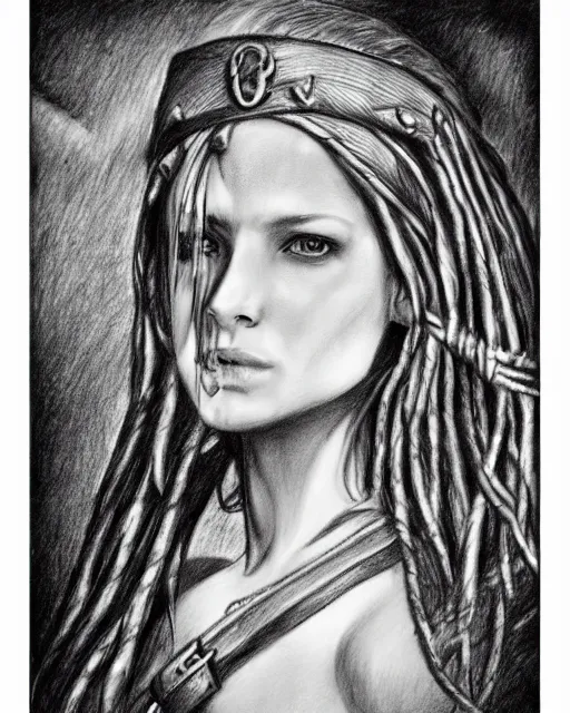 Image similar to A beautiful female warrior on a pirate ship at a deserted island, blended frame, realism pencil drawing on white paper, bald lines