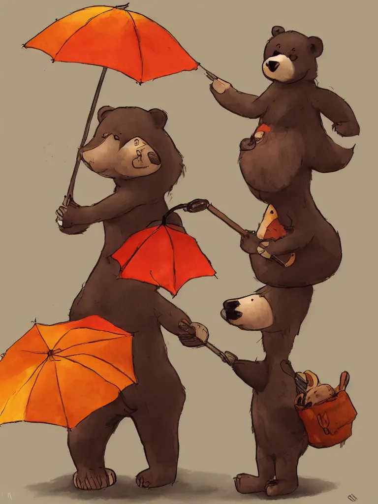 Image similar to autumn a bear with an umbrella cartoon trending on artstation