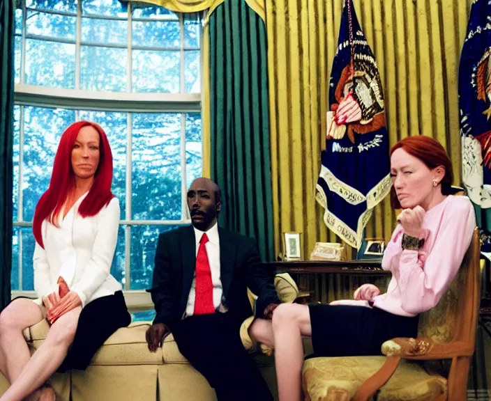 Image similar to Jen Psaki and Tupac Shakur acting fools high on LEAN in the oval office , Photograph By Rineke Dijkstra; by Yoichi Okamoto