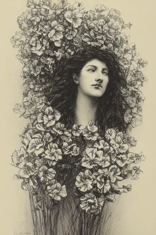 Prompt: black and white, women faces in flowers, Gustave Dore lithography