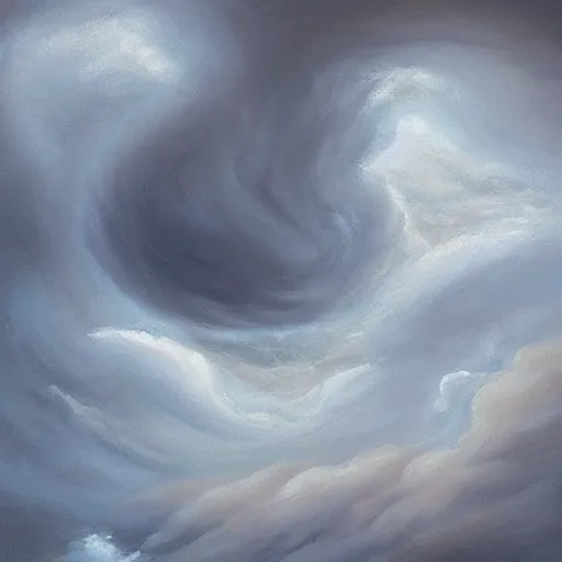 Image similar to swirling clouds in a stormy sky forming the shape of the face of a wise but stern old man. Beautiful, dreamy fantasy oil painting