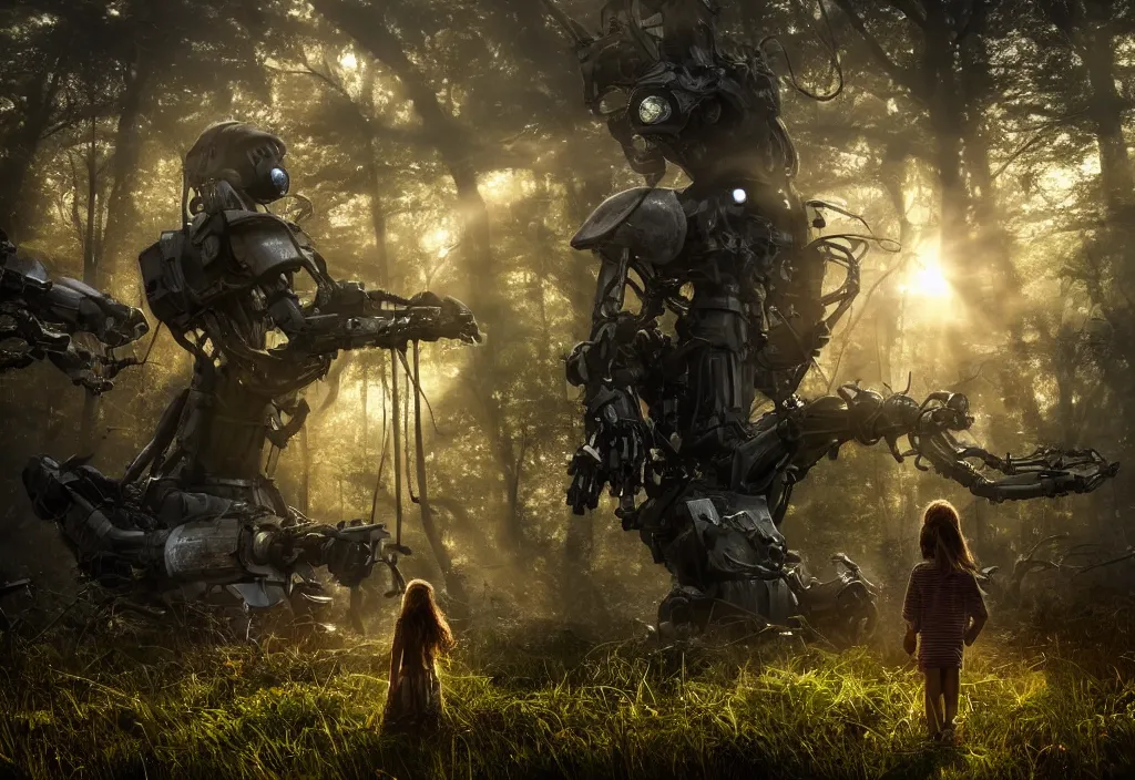 Image similar to sci - fi scene future new york, little girl holding a hand of a big robot, forest punk, crepuscular rays, epic scene, hyper realistic, photo realistic, overgrowth, cinematic atmosphere, ethereal lighting