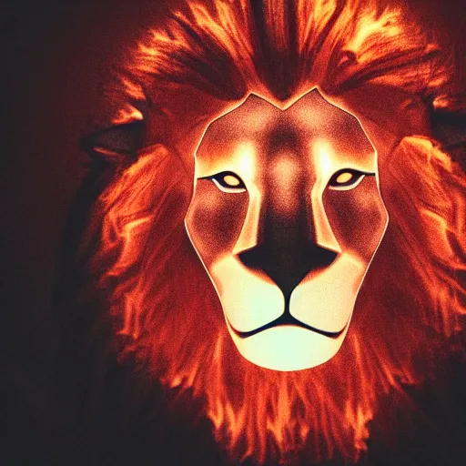 Image similar to anonymous lion face, closeup of face, volumetric lighting, face encircled by fire, crimson - black color scheme