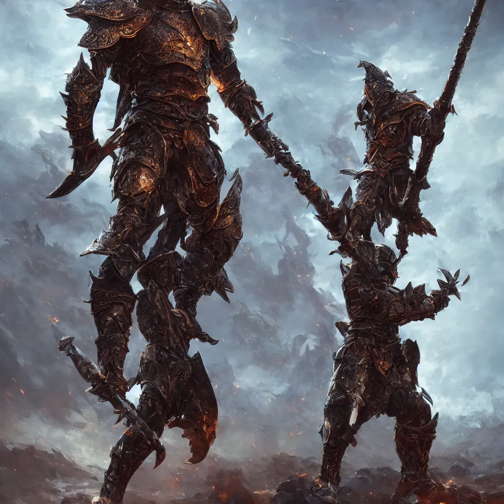 Image similar to photo full-body-shot of ONE brutal Warrior, wearing intricate steel armor, sharp focus, holding magical fiery battle-axe, magical aura, heroic pose, fantasy style, octane render, volumetric lighting, 8k high definition, by greg rutkowski, highly detailed, trending on ArtStation, magical Battlefield background, centered