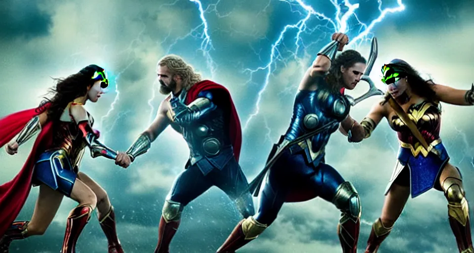 Image similar to thor, vs., wonder woman, cinematic movie scene, epic fight, blue lightning, yellow lightning, photo