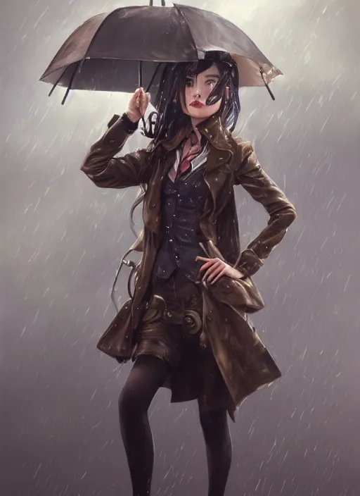 Image similar to girl, steampunk, goggles, pilot, standing in the rain with an umbrella, wet, raindrops, portait, made by stanley artgerm lau, wlop, rossdraws, james jean, andrei riabovitchev, marc simonetti, yoshitaka amano, artstation