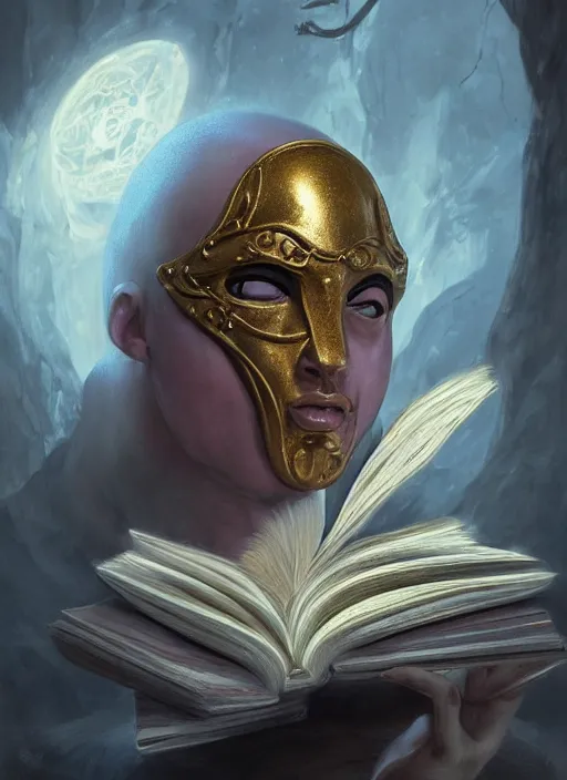 Prompt: Magic Floating Thespian Mask reading a book, no body, bodyless, theater mask, Ivan Aivakovsky, Boris Vallejo, epic fantasy character art, D&D Concept Art, Realistic, Regal, Refined, extremely detailed, Detailed Digital Art, Oil Paining, Exquisite detail, post-processing, masterpiece, Cinematic Lighting, Unreal Engine, 8k, HD, Stanley Artgerm Lau, WLOP, Rossdraws, Frank Frazetta, Andrei Riabovitchev, Marc Simonetti, trending on artstation, flawless