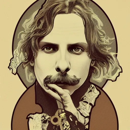 Image similar to a detailed portrait of michael cera as an old west villain, long twirling moustache, by alphonse mucha and arthur mucha, god rays, intricate detail, cinematic, 8 k, featured on artstation, pixiv