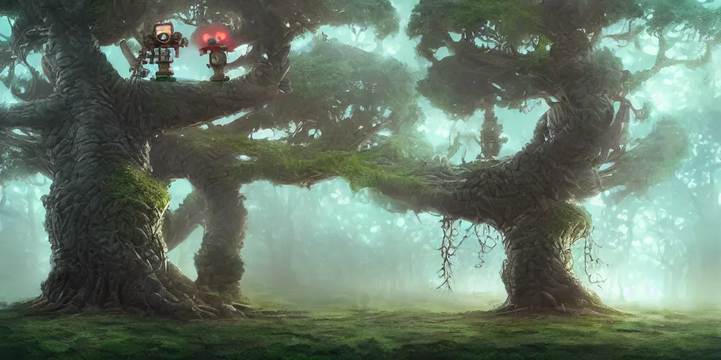 Prompt: A funny big tree, tuomas korpi, morning, fantasy, cute robot, matte painting, artstation