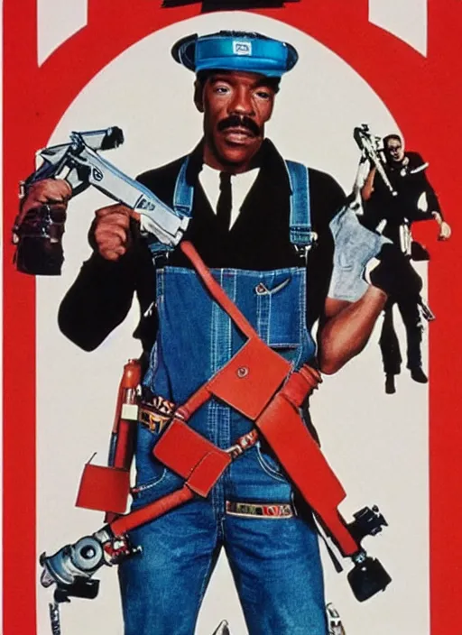 Image similar to an 8 0's john alvin action movie poster starring eddie murphy face as a plumber to rich people. bathroom. overalls. tool belt. the movie is called beverly hills crap