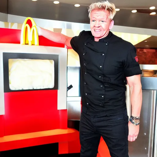 Prompt: gordon ramsay very happy to be at mcdonalds