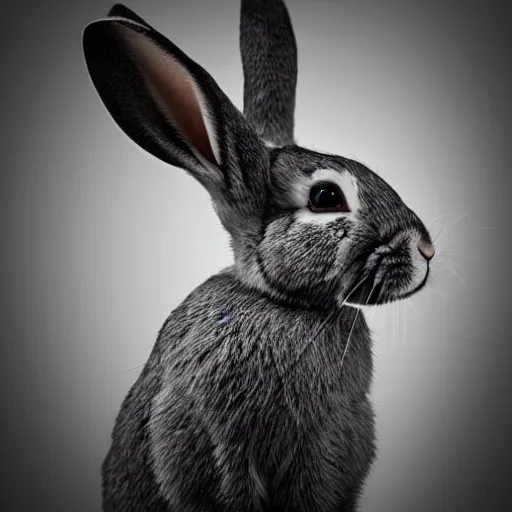 Image similar to profile portrait of a rabbit looking in a mirror, dark room, top lit