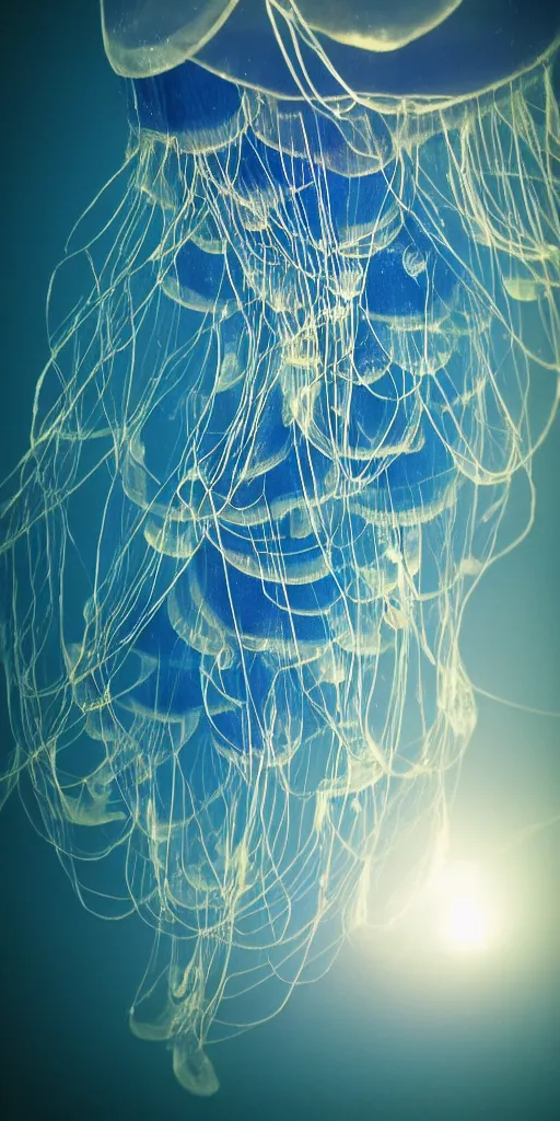 Image similar to at night, big blue jellyfish glowing in the night, very close detailed closeup, wonderful details, octane render, intricate, soft focus, film grain, blue tones, bokeh