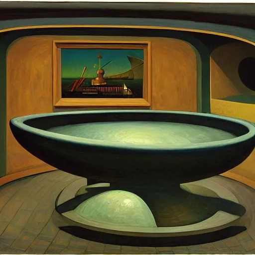 Image similar to giant bathysphere interior, portholes, comedic, dystopian, grant wood, pj crook, edward hopper, oil on canvas