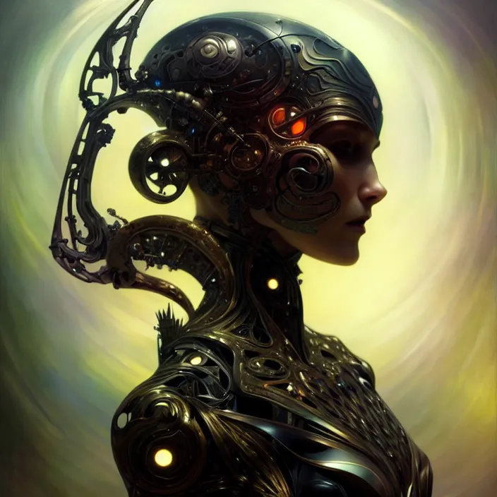 Image similar to organic cyborg, black oil, diffuse lighting, fantasy, intricate, elegant, highly detailed, lifelike, photorealistic, digital painting, artstation, illustration, concept art, smooth, sharp focus, art by john collier and albert aublet and krenz cushart and artem demura and alphonse mucha