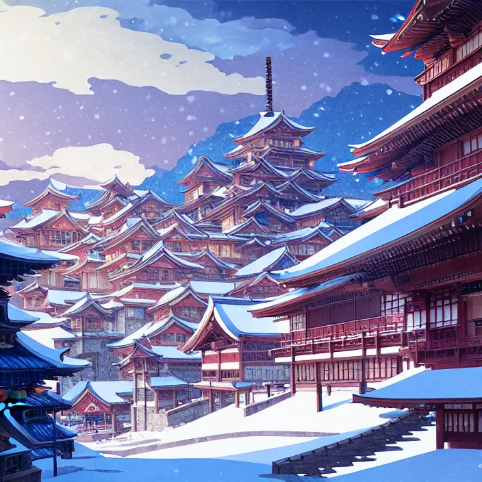 Image similar to empty japanese mountain city, winter, in the style of studio ghibli, j. c. leyendecker, greg rutkowski, artem