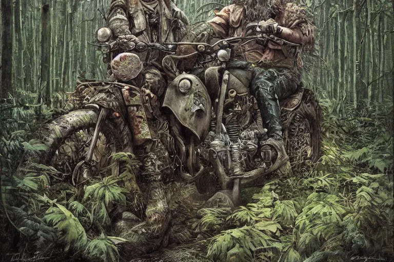 Image similar to a highly detailed garden gnome driving a forest camo motorcycle, overgrown, post apocalyptic road warrior style, wide angle, an ultrafine detailed painting by p. craig russell and barry windsor - smith, trending on deviantart, octane, masterpiece