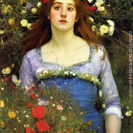 Prompt: Ophelia in water with flowers John Everett Millais, by Mikhail Vrubel, oil painting, art gallery, art museum, small details, hyperrealism
