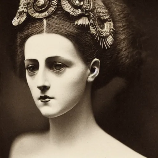 Image similar to photograph of a lilith wearing 1 8 9 0's fashion, looking at the camera, aesthetic, elaborate, intricate, highly detailed, detailed face, photorealism, smooth, sharp focus, rim light, art by man ray,