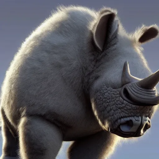 Image similar to cute fluffy rhinocerous with high quality detailed realistic fur 3 d render unreal engine character concept hd