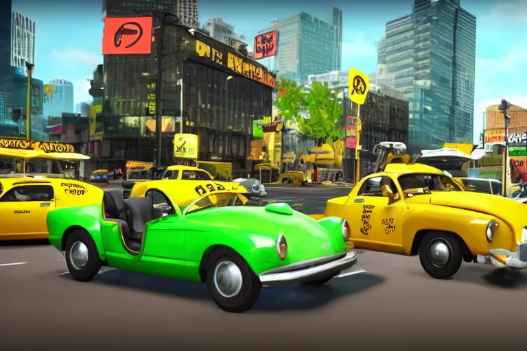 Prompt: ps4 game about a frog driving a taxi, unreal 4 screenshot,