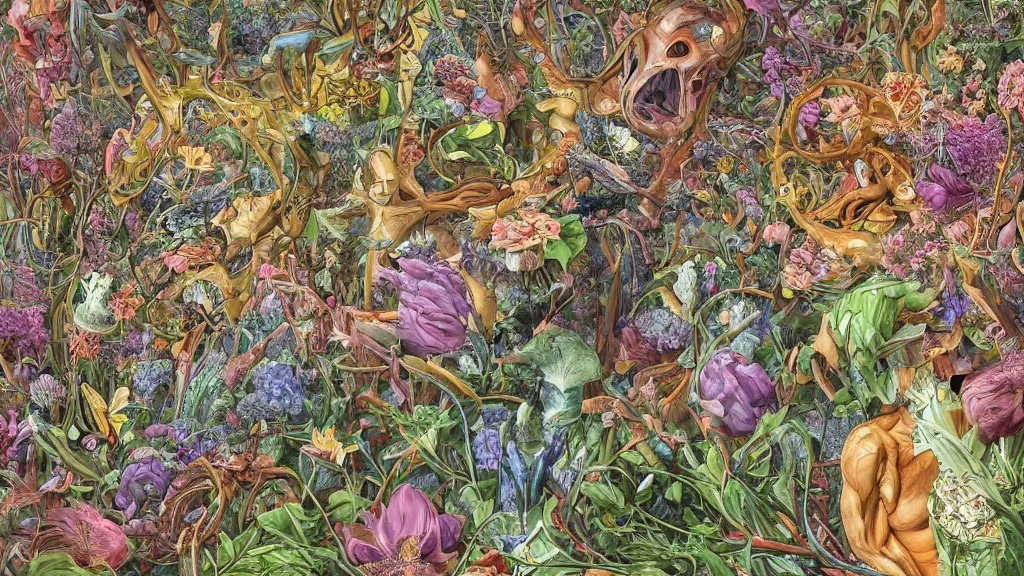 Prompt: highly detailed illustration of a human anatomy body with all the known species of flowers by juan gatti, by moebius!, by oliver vernon, by joseph moncada, by damon soule, by manabu ikeda, by kyle hotz, by dan mumford, by kilian eng