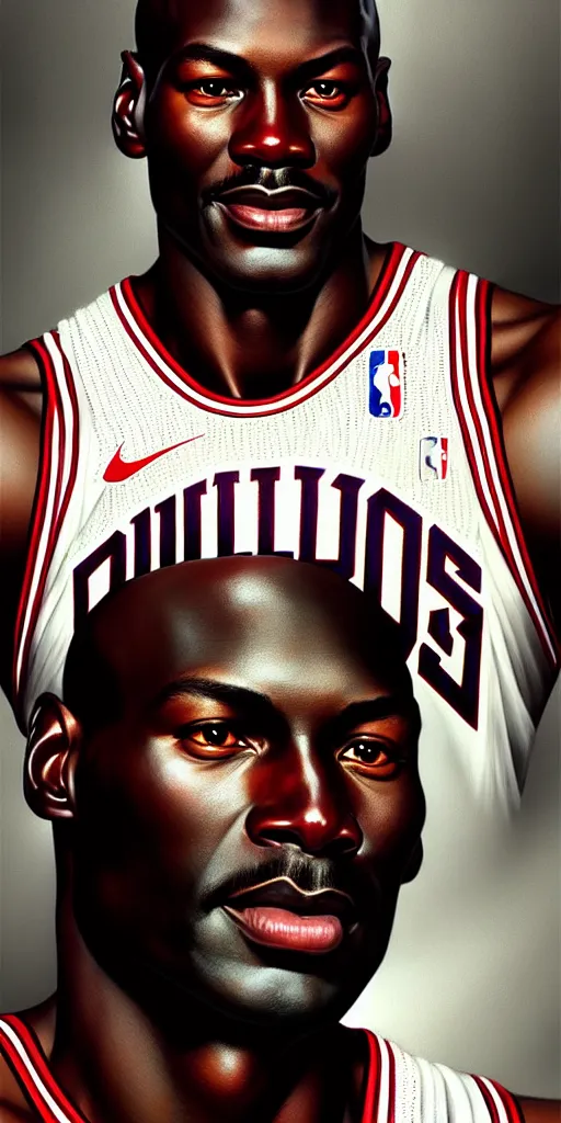 Prompt: portrait of michael jordan, intricate, elegant, highly detailed, digital painting, artstation, concept art, smooth, sharp focus, illustration, art by artgerm and greg rutkowski and alphonse mucha and william - adolphe bouguereau