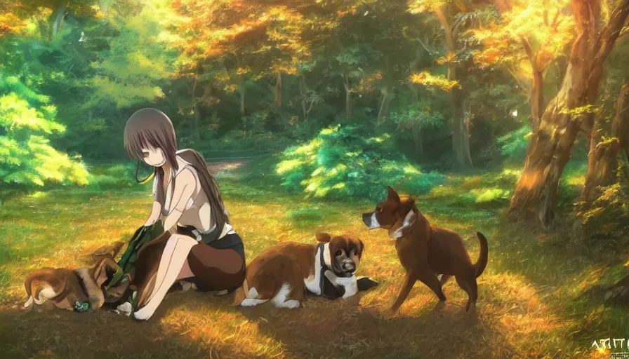 Prompt: Marin Kitagawa petting a dog. Beautiful anime lush forest background. Golden hour. Trending on art station