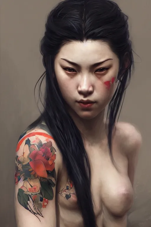 Image similar to portrait of yakuza girl with tattoo, highly detailed, digital art from artstation by Ruan Jia and Mandy Jurgens and Artgerm and william-adolphe bouguereau